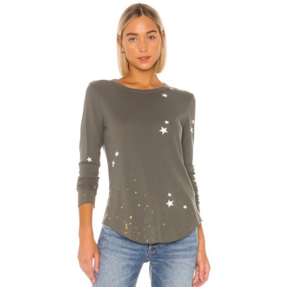 Chaser army green crewneck long sleeve thermal top with stars and glitter